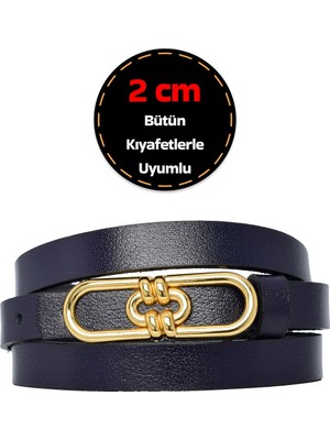 %100 Hakiki Deri, Gold Renk Tokalı Ince 2 cm Lacivert Kadın Elbise, Pantolon Kemeri; Uzun.zincir