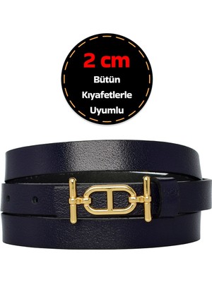 %100 Hakiki Deri, Gold Renk Tokalı Ince 2 cm Lacivert Kadın Elbise, Pantolon Kemeri; Tt+Tt