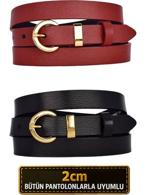 %100 Hakiki Deri 2'li Set Gold Renk Takım Tokalı 2cm Kadın Kemeri Kırmızı, Siyah_ Kilit_gold