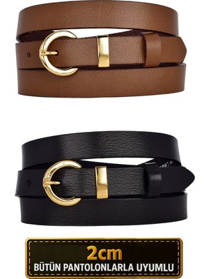 %100 Hakiki Deri 2'li Set Gold Renk Takım Tokalı 2cm Kadın Kemeri Kahverengi, Siyah_ Kilit_gold
