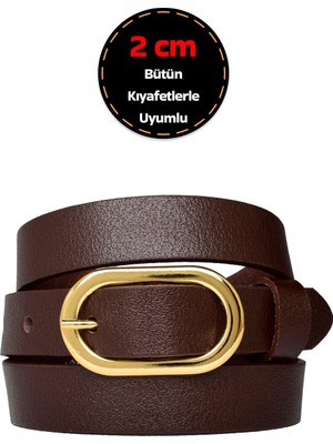 %100 Hakiki Deri, Gold Renk Tokalı 2 cm Koyu Kahverengi Kadın Kemeri; Elbise, Pantolon KEMERI_2OVAL