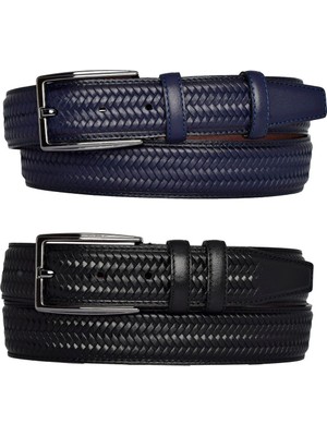 %100 Hakiki Deri, 2'li Set Siyah, Lacivert Dikişli Örgü Baskılı Kumaş Pant. Kemeri 3.5 Cm_örgü.bas