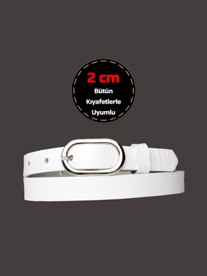 %100 Hakiki Deri, Gümüş Tokalı Ince 2 cm Süt Beyaz Kadın Kemeri; Elbise Kemeri, Pantolon Kemeri_oval