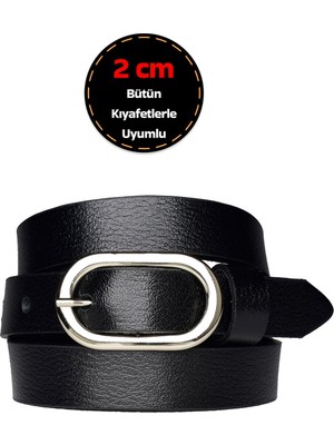%100 Hakiki Deri, Gümüş Tokalı Ince 2 cm Siyah Kadın Kemeri; Elbise Kemeri, Pantolon KEMERI_2CMOVAL