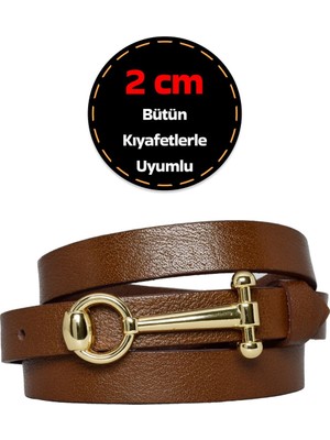 %100 Hakiki Deri, Gold Renk Tokalı 2 cm Açık Kahverengi Kadın Kemeri; Elbise, Pantolon Kemeri_anht