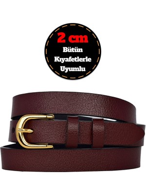 %100 Hakiki Deri, Gold Renk Tokalı Ince 2 cm Bordo Kadın Kemeri; Elbise, Pantolon Kemeri_normal.düz