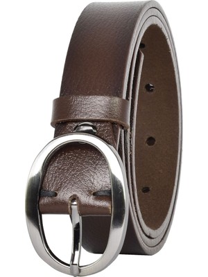 %100 Hakiki Deri Mat Gümüş Oval Tokalı Koyu Kahverengi Ince Kadın Kemeri, 3 Cm=39-Nik.oval