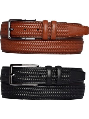 %100 Hakiki Deri, 2'li Set Siyah, Tosado Dikişli Örgü Baskılı Kumaş Pant. Kemeri 3.5 Cm_örgü.bas