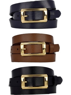 %100 Hakiki Deri 3'lü Set Gold Renk Tokalı 2 cm Kadın Kemeri Siyah, Lacivert, Kahverengi Y.dik