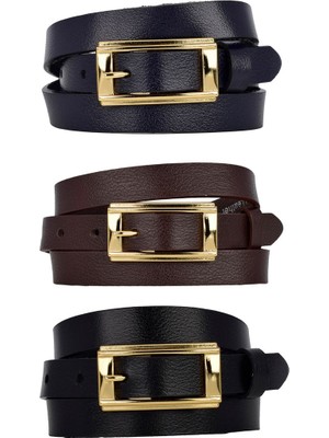 %100 Hakiki Deri 3'lü Set Gold Renk Tokalı 2 cm Kadın Kemeri Siyah, Lacivert, Koyu Kahverengi Y.dik