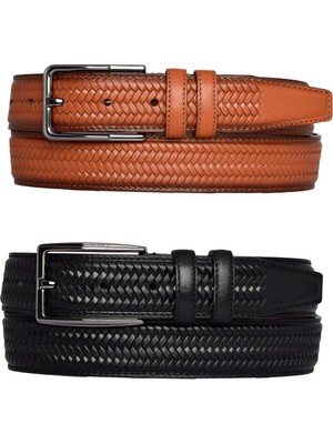 %100 Hakiki Deri, 2'li Set Siyah, Açık Taba Dikişli Örgü Baskılı Kumaş Pant. Kemeri 3.5 Cm_örgü.bas