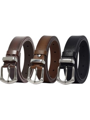 %100 Hakiki Deri 3'lü Set Siyah, Kahverengi, Koyu Kahverengi Kadın Kemeri, 3 Cm=3cm-Kd-41-Gümüş