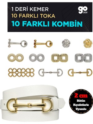 Hakiki Deri 2 cm Beyaz Kadın Kemeri Set, 1 Kemer Şeridi ve Değiştirilebilir 10 Toka ile Kombi-Beyaz