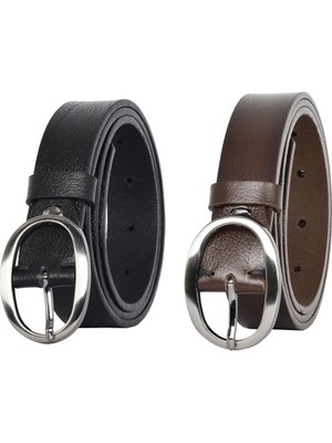 %100 Hakiki Deri Mat Oval Tokalı 2'li Set Siyah, Koyu Kahverengi Ince Kadın Kemeri, 3 CM=KDN39NIK.OV