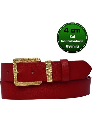 %100 Hakiki Deri, Gold Takım Tokalı 4 cm Kırmızı Kadın Kemeri; Kot, Spor Kemer=an-Byn-62.gold.tak