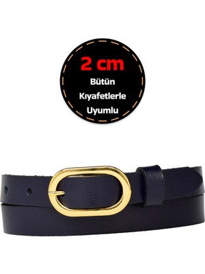 %100 Hakiki Deri, Gold Renk Tokalı Ince 2 cm Lacivert Kadın Kemeri; Elbise, Pantolon KEMERI_2OVAL