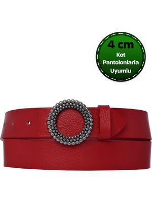 %100 Hakiki Deri, Siyah Nikel Tokalı Kırmızı Kadın Kot Kemeri 4 Cm=an-Byn-58