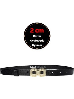 %100 Hakiki Deri, Gold Renk Tokalı Ince 2 cm Siyah Kadın Kemeri; Elbise, Pantolon Kemeri_gözkar