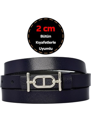 %100 Hakiki Deri, Gümüş Renk Tokalı Ince 2 cm Lacivert Kadın Elbise, Pantolon Kemeri; Tt+Tt