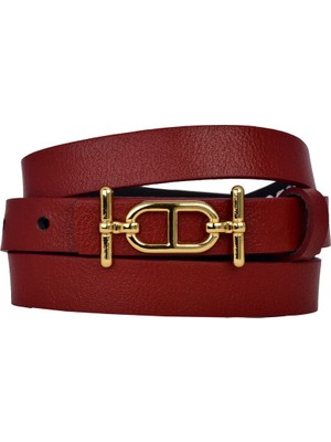 %100 Hakiki Deri, Gold Renk Tokalı Ince 2 cm Kırmızı Kadın Elbise, Pantolon Kemeri; Tt+Tt