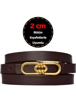 %100 Hakiki Deri, Gold Renk Tokalı Ince 2 cm Koyu Kahverengi Kadın Elbise, Pantolon Kemeri; Uzun.zin