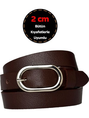 %100 Hakiki Deri, Gümüş Tokalı Ince 2 cm Koyu Kahverengi Kadın Kemeri; Elbise, Pantolon Kemeri_oval
