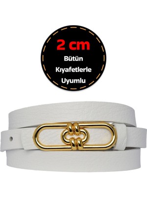 %100 Hakiki Deri, Gold Renk Tokalı Ince 2 cm Beyaz Kadın Elbise, Pantolon Kemeri; Uzun.zincir