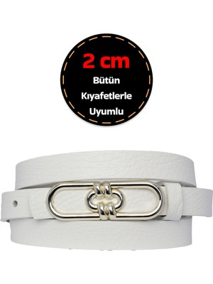 %100 Hakiki Deri, Gümüş Renk Tokalı Ince 2 cm Beyaz Kadın Elbise, Pantolon Kemeri; Uzun.zincir