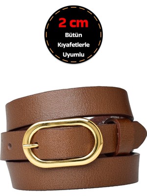 %100 Hakiki Deri, Gold Renk Tokalı 2 cm Açık Kahverengi Kadın Kemeri; Elbise, Pantolon KEMERI_2OVAL