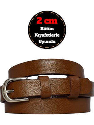 %100 Hakiki Deri, Gümüş Tokalı Ince 2 cm Açık Kahverengi Kadın Kemeri; Elbise, Pantolon Kemeri_düz