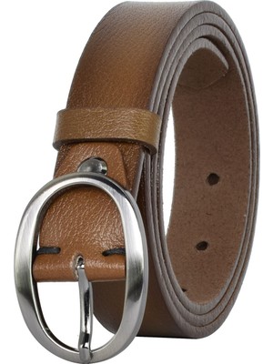 %100 Hakiki Deri Mat Gümüş Oval Tokalı Açık Kahverengi Ince Kadın Kemeri, 3 Cm=3cm-Kdn-39-Nik.ov