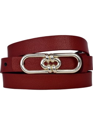 %100 Hakiki Deri, Gümüş Renk Tokalı Ince 2 cm Kırmızı Kadın Elbise, Pantolon Kemeri; Uzun.zincir