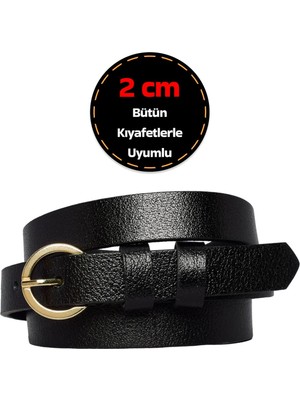 %100 Hakiki Deri, Gold Renk Tokalı Ince 2 cm Siyah Kadın Kemeri; Elbise, Pantolon Kemeri_kilit