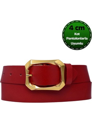 %100 Hakiki Deri, Gold Tokalı Kırmızı Kadın Kot, Spor Kemer 4 Cm=an-Byn-08