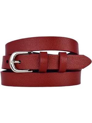 %100 Hakiki Deri, Gümüş Renk Tokalı Ince 2 cm Kırmızı Kadın Kemeri; Elbise, Pantolon Kemeri Nrml.düz