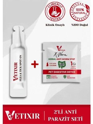 Vetixir Kedi Köpek Iç-Dış Parazit Bitkisel Damla ve Tablet Seti-Parazit Kovucu Bitkisel Damla-Bit Pire Giderici Kedi Köpek Sağlık Ürünü