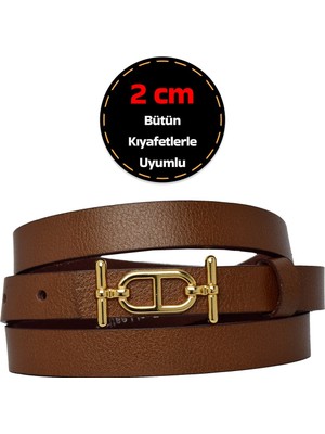 %100 Hakiki Deri, Gold Renk Tokalı Ince 2 cm Açık Kahverengi Kadın Elbise, Pantolon Kemeri; Tt+Tt