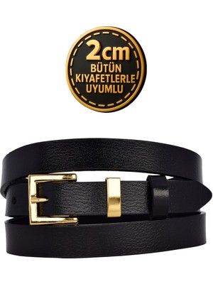%100 Hakiki Deri Gold Renk Takım Köprülü Siyah Kadın Kemeri 2cm Bütün Kıyafetlere Uyar_kare-Gold