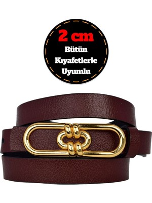 %100 Hakiki Deri, Gold Renk Tokalı Ince 2 cm Bordo Kadın Elbise, Pantolon Kemeri; Uzun.zincir