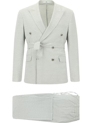 Kiğılı 6 Drop Regular Fit Standart Kesim Keten Karışımlı Beli Lastikli İpli Kuşaklı Kruvaze Takım Elbise