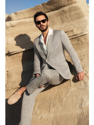 Regular Fit Keten Karışımlı Kruvaze Takım Elbise