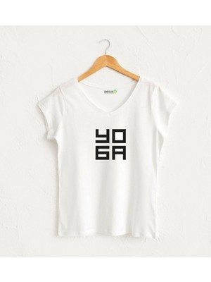 Yoga Yazılı Kadın V Yaka %100 Pamuklu Tasarım T-Shirt