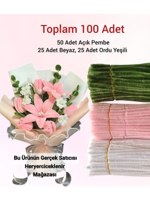 3'lü Set Açık Pembe, Beyaz, Ordu Yeşili Şönil ,çiçek Yapımına Uygun Tüylü Tel