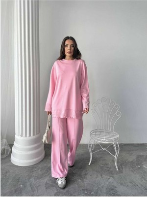Dantel Detaylı Oversize Geniş Paça Modal Kumaş Eşofman Takım
