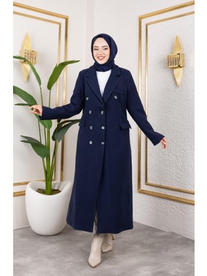 Harma Time Butik Kadın Astarlı Düğmeli Cepli Uzun Lacivert Kaşe kaban