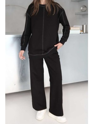 Dikiş Detaylı Geniş Paça 2 Iplik Kumaş Eşofman Takım