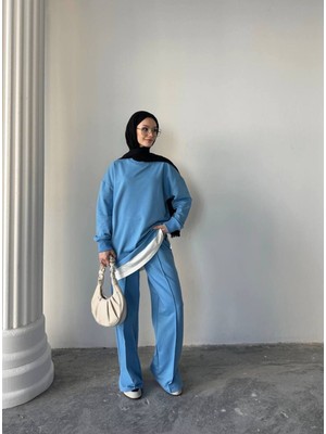 Garnili Çımalı Yırtmaç Detaylı Iki Iplik Kumaş Oversize Eşofman Takım