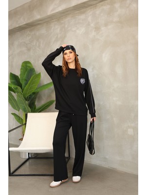 Çiçek Desenli Biyeli Oversize Geniş Paça Modal Kumaş Eşofman Takım