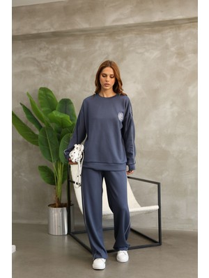 Çiçek Desenli Biyeli Oversize Geniş Paça Modal Kumaş Eşofman Takım