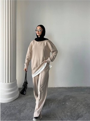 Garnili Çımalı Yırtmaç Detaylı Iki Iplik Kumaş Oversize Eşofman Takım